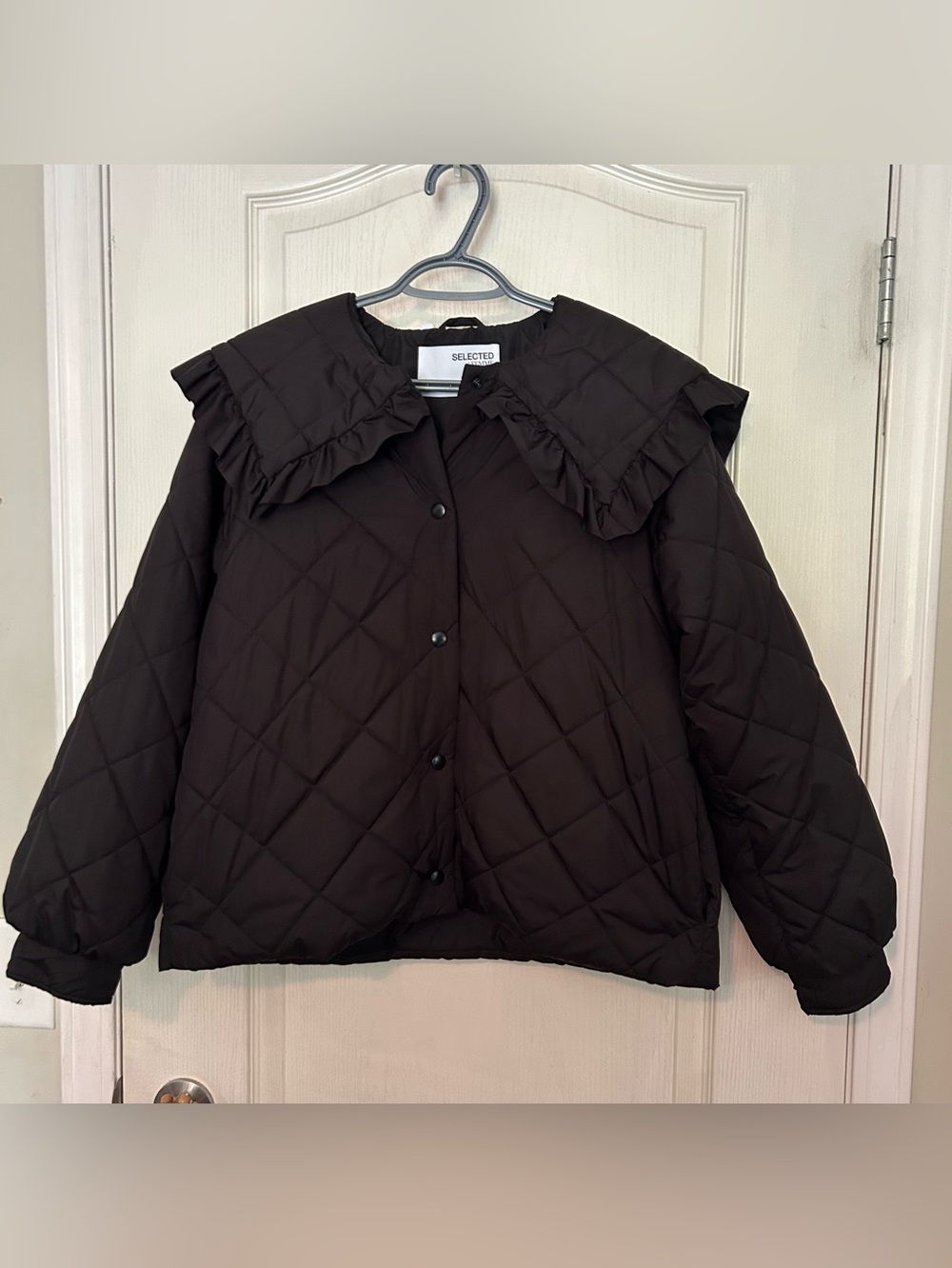 Selected Femme Black Quilted Puff Jacket with Ruffle Collar